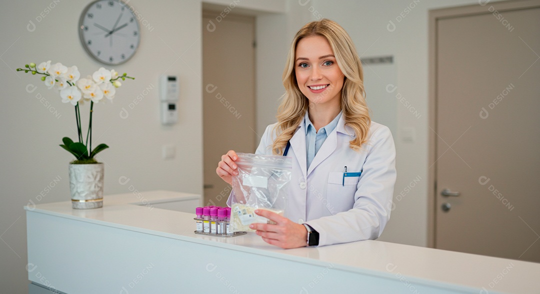 Médica observando com caixa de exame na mão