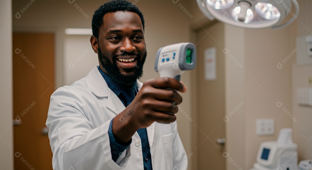 Médico negro segurando medidor de temperatura em fundo de consultório