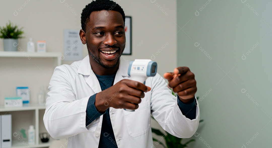 Médico negro segurando medidor de temperatura em fundo de consultório