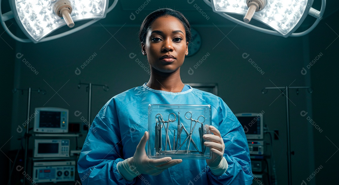 Médica morena linda segurando instrumentos de cirurgia