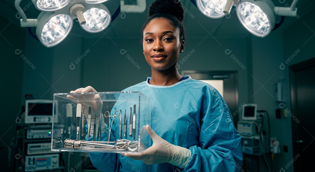Jovem médica segurando instrumentos de serviço