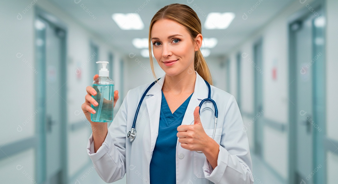 Médica linda fazendo gesto de legal nas mãos