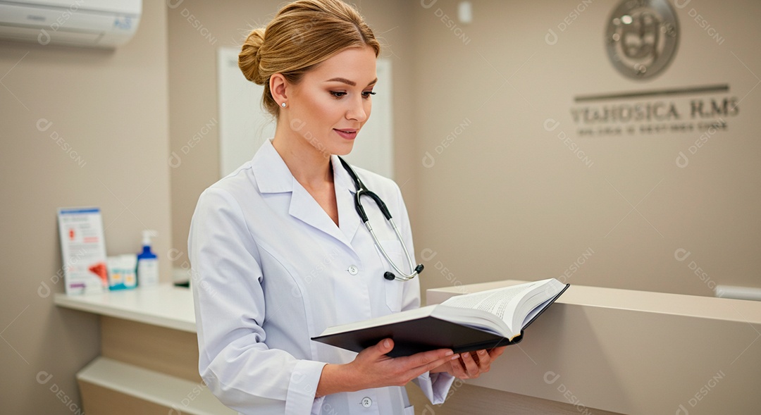 Uma linda médica observando caderno de pacientes