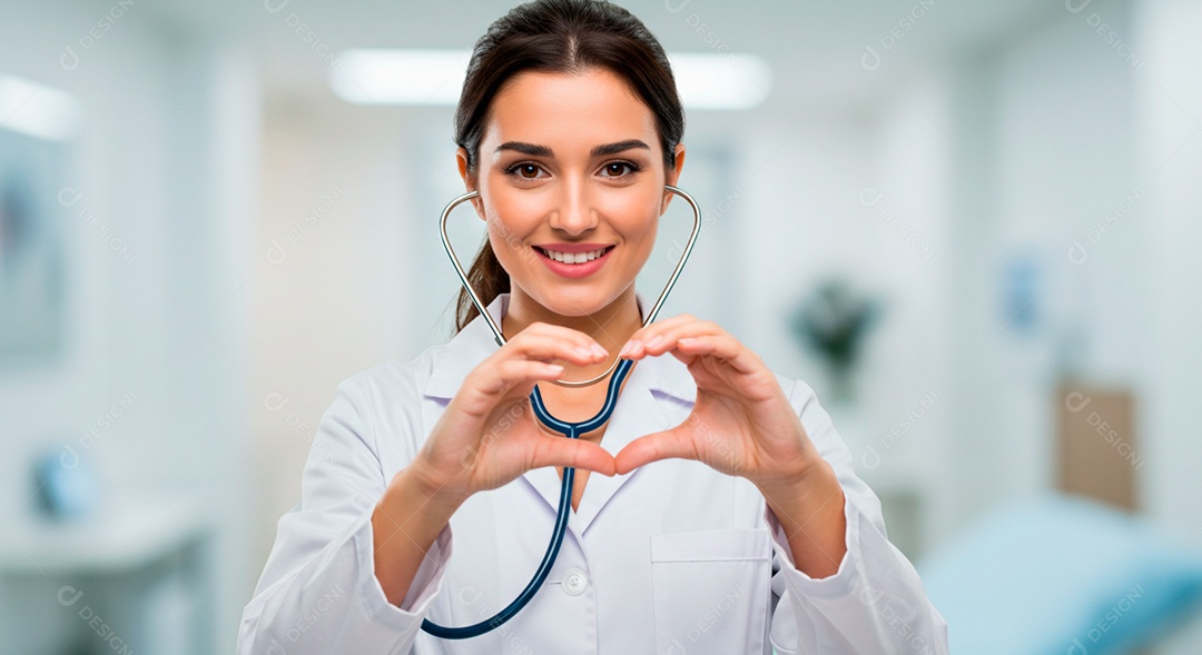 Médica linda fazendo gesto de coração nas mãos