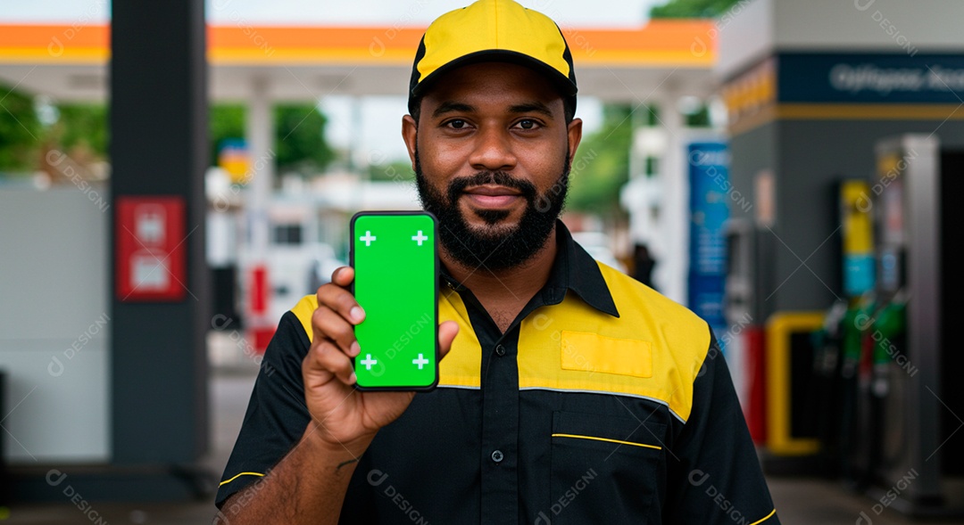 Frentista homem segurando máquina de passar cartão