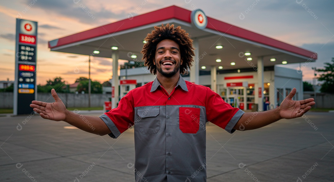 Homem frentista negro trabalhando feliz