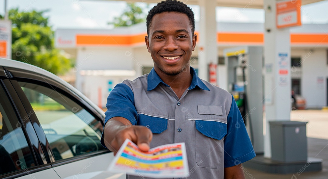 Homem frentista feliz em seu ambiente de trabalho posto de gasolina
