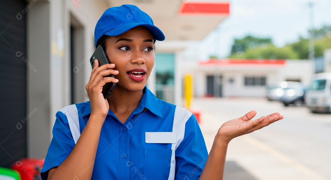 Mulher frentista em um posto com celular na mão