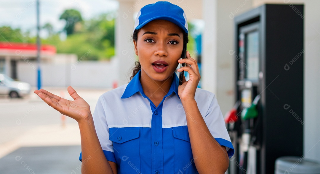 Frentista linda falando ao celular
