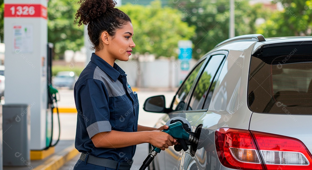 Mulher jovem bonita frentista abastecendo carro