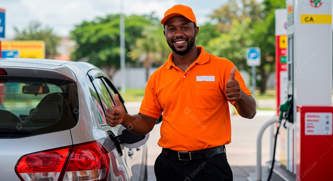 Homem frentista negro abastecendo carro