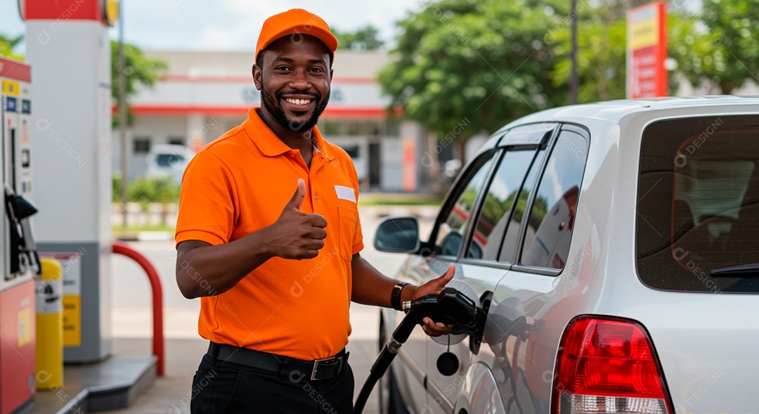 Homem frentista negro abastecendo carro