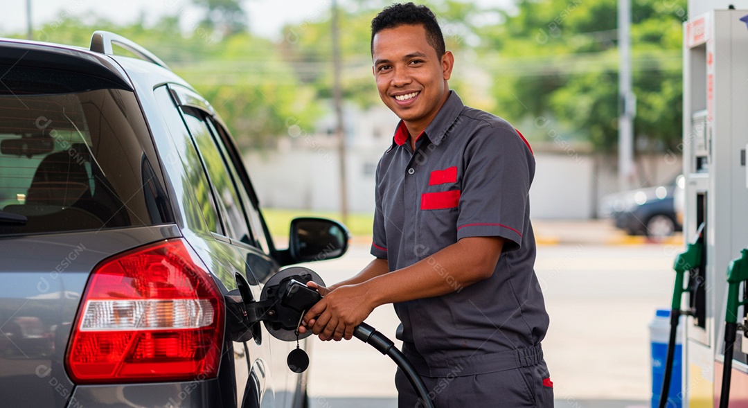 Homem feliz trabalhando frentista abastecendo carro