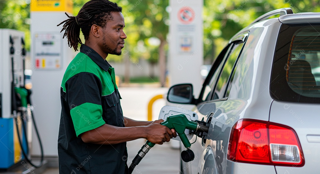 Homem frentista negro abastecendo carro