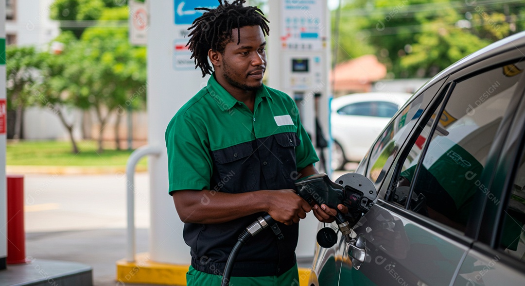 Homem frentista negro abastecendo carro