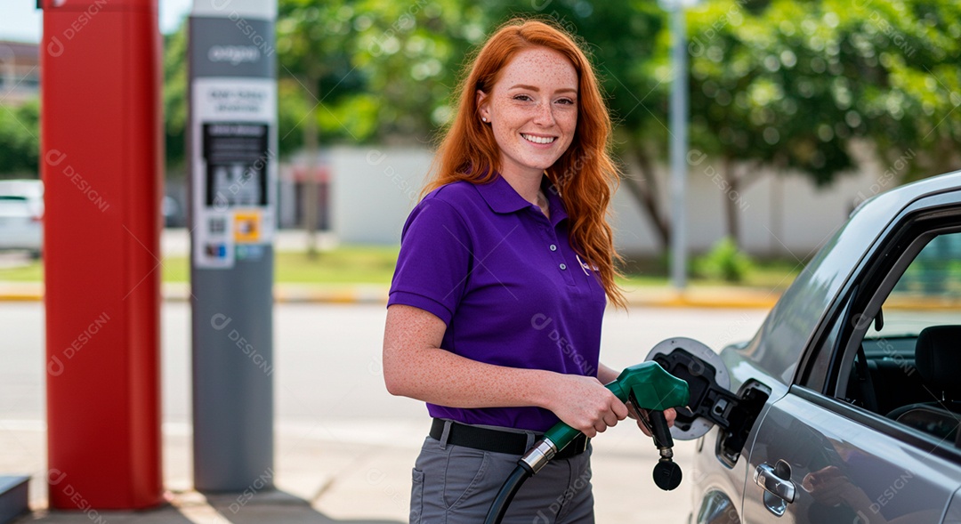 Mulher frentista abastecendo carro no posto