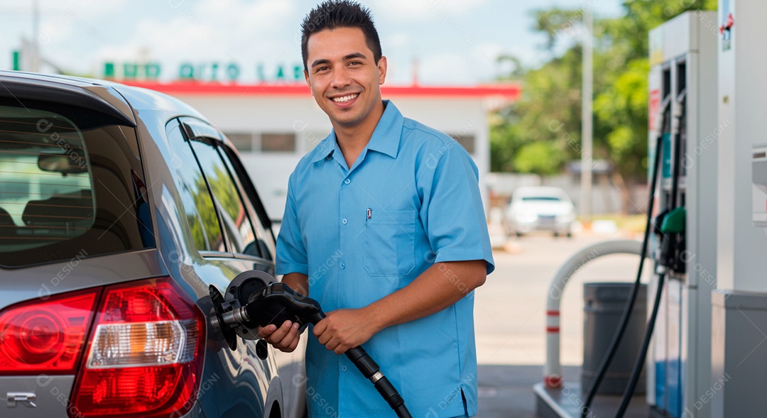 Homem frentista abastecendo carro no posto