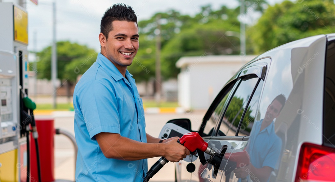 Homem frentista feliz em seu ambiente de trabalho em um posto de gasolina