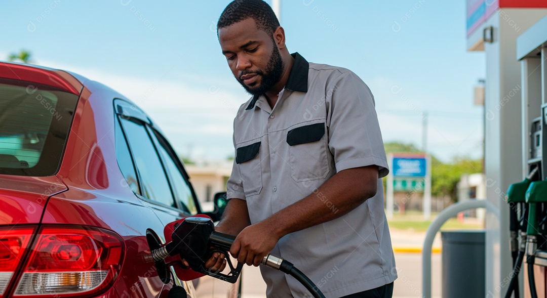 Homem frentista abastecendo carro no posto