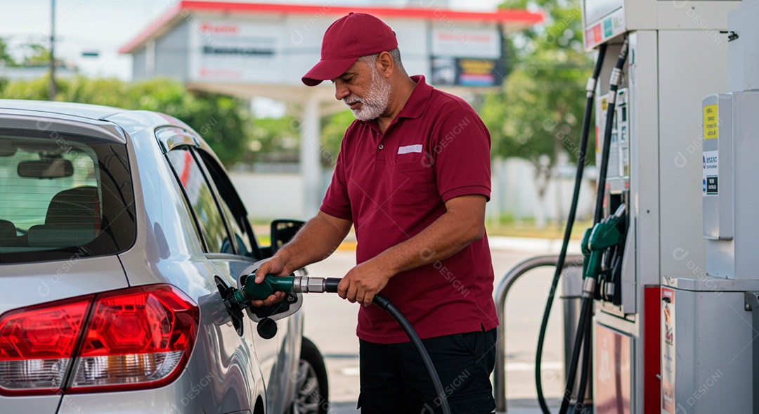 Homem frentista abastecendo carro no posto