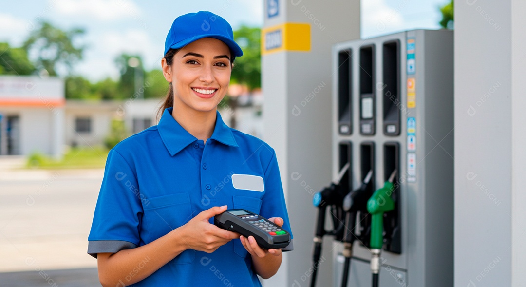 Frentista mulher feliz segurando máquina de cartão