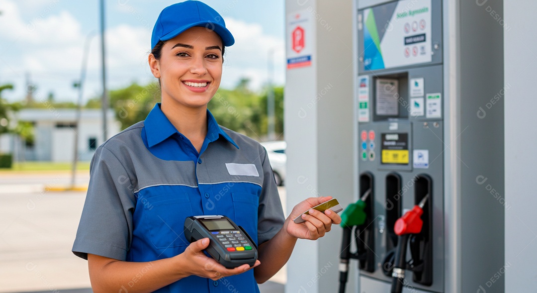 Frentista mulher feliz segurando máquina de cartão