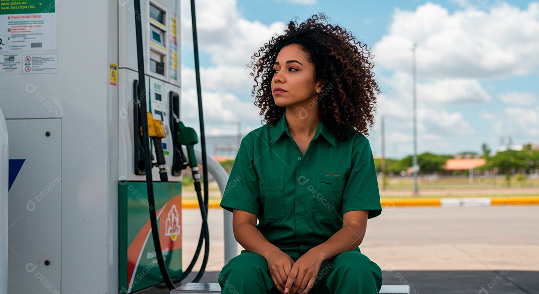 Frentista feliz sentada no trabalho em um dia de sol
