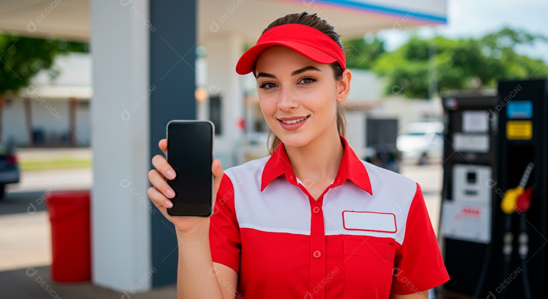 Frentista mulher linda segurando celular no pátio do posto