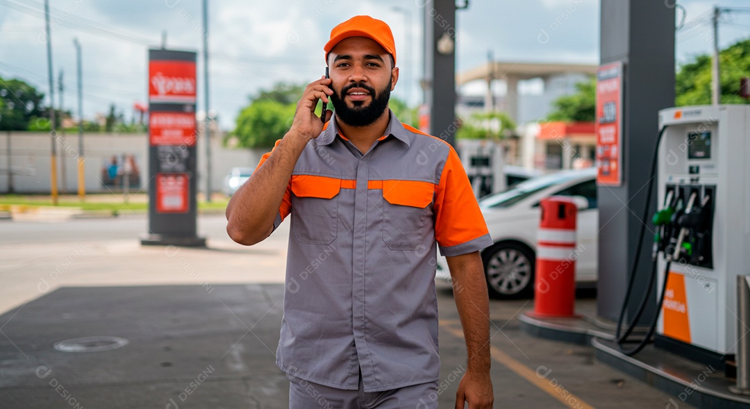 Homem frentista feliz em seu ambiente de trabalho em um posto de gasolina
