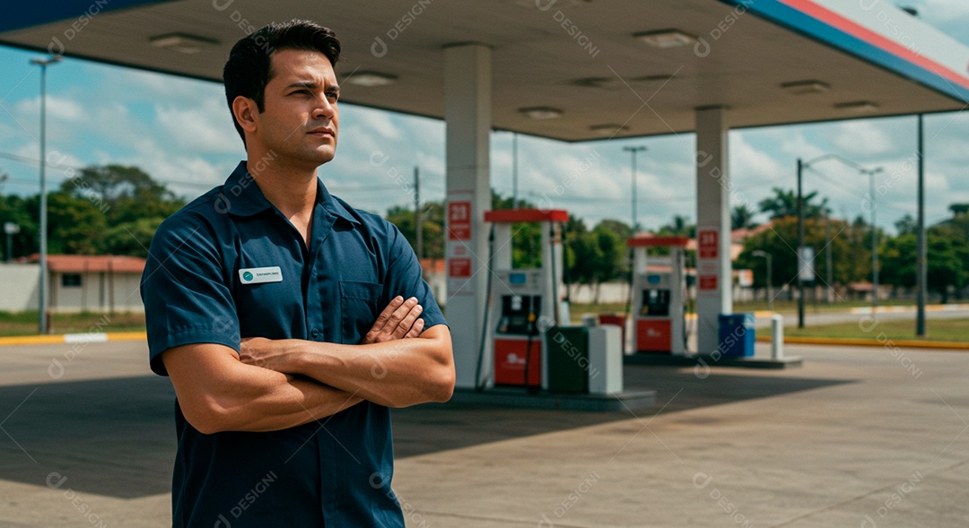 Homem frentista na frente do posto de combustível