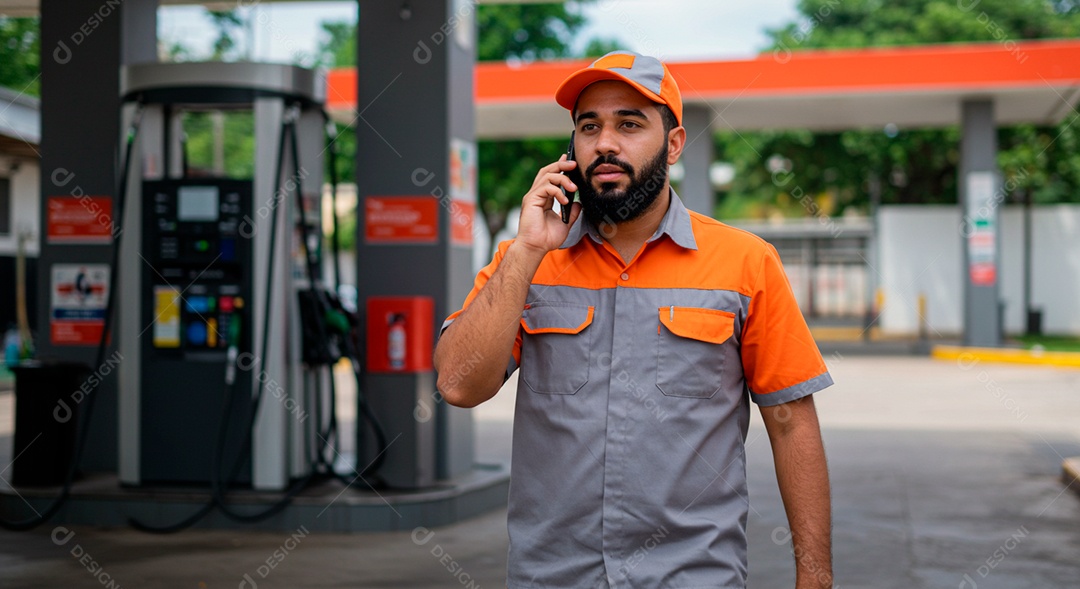 Homem frentista no seu ambiente de trabalho falando ao celular