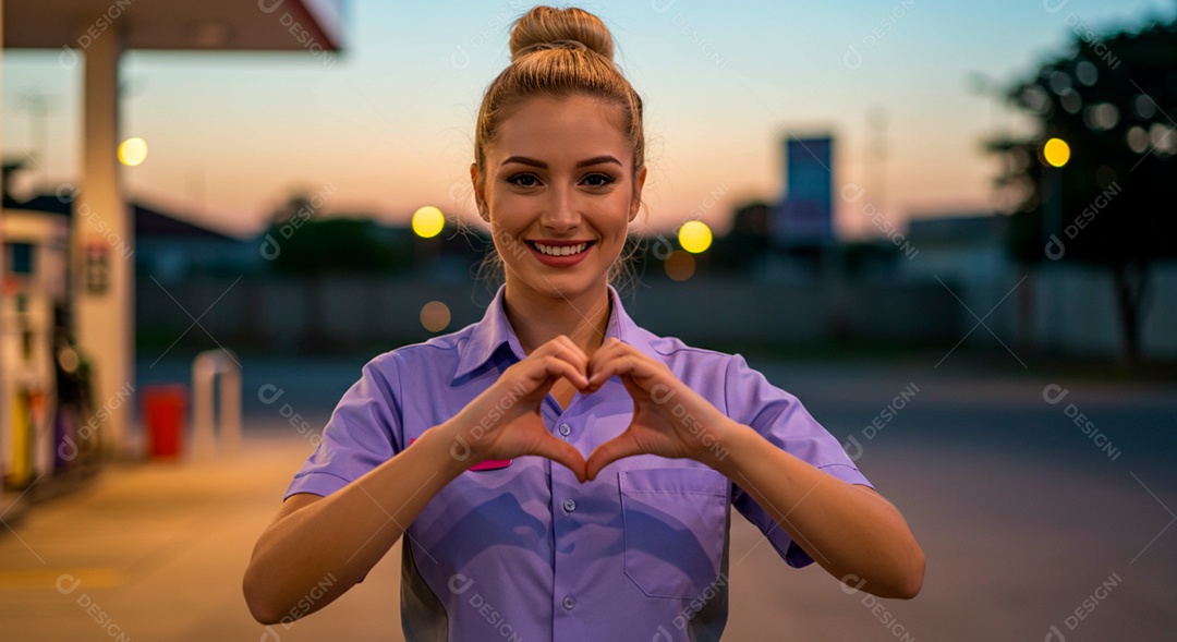 Mulher frentista bonita no horário de serviço no posto de combustível