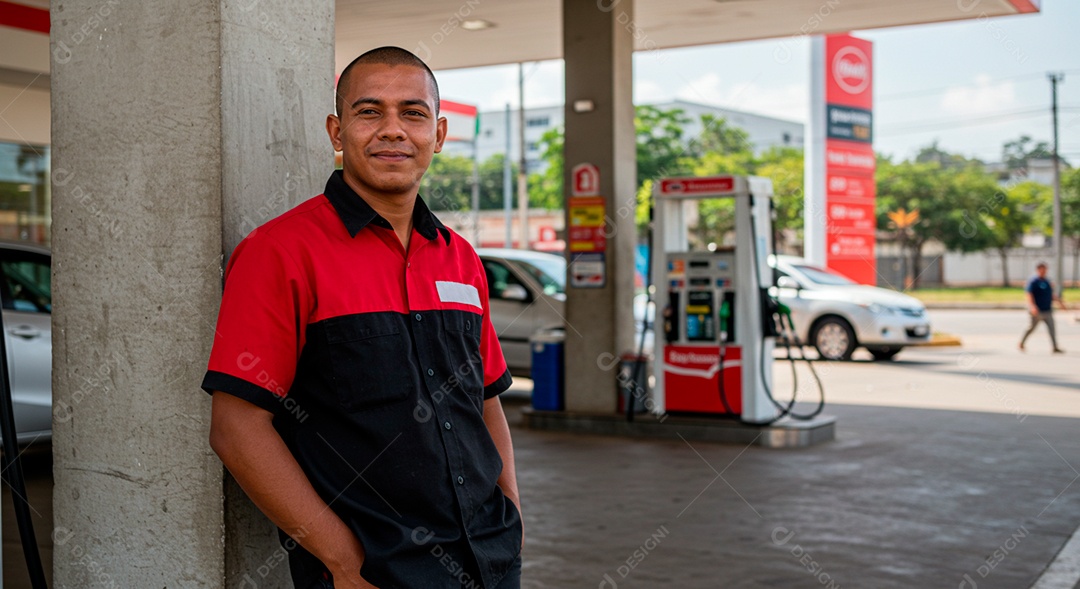 Homem frentista escorado esperando clientes em um posto