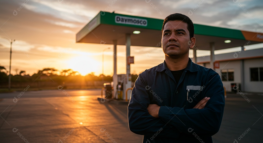 Homem frentista com postura na frente do seu ambiente dee trabalho