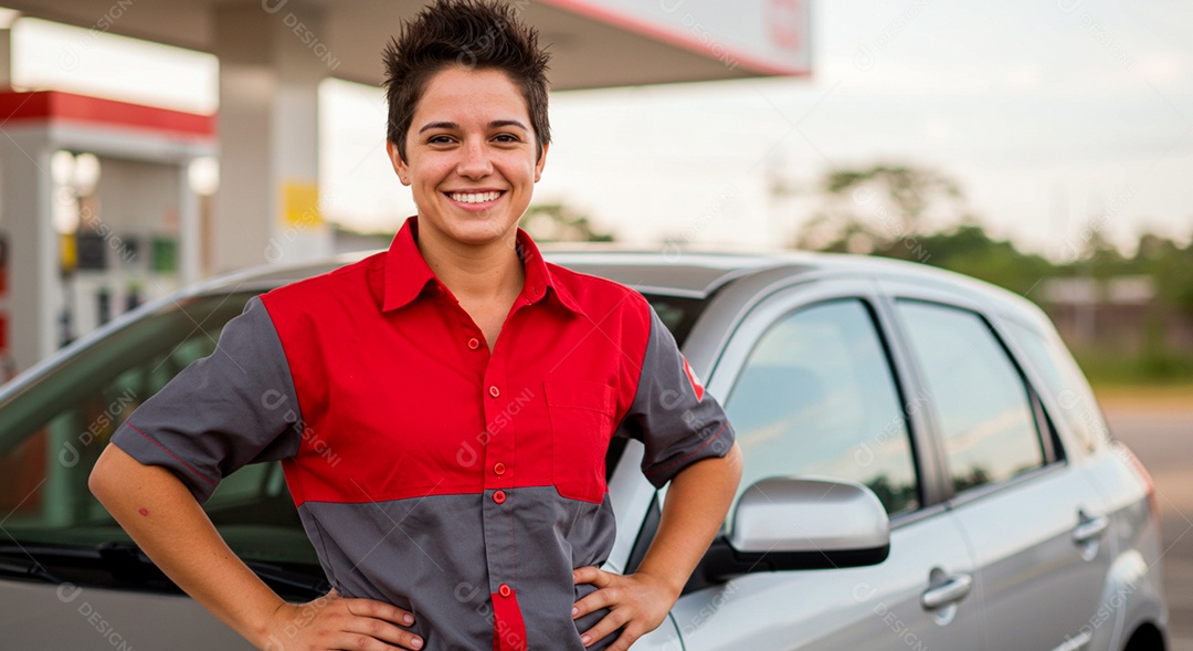 Jovem frentista feliz em seu lugar de trabalho