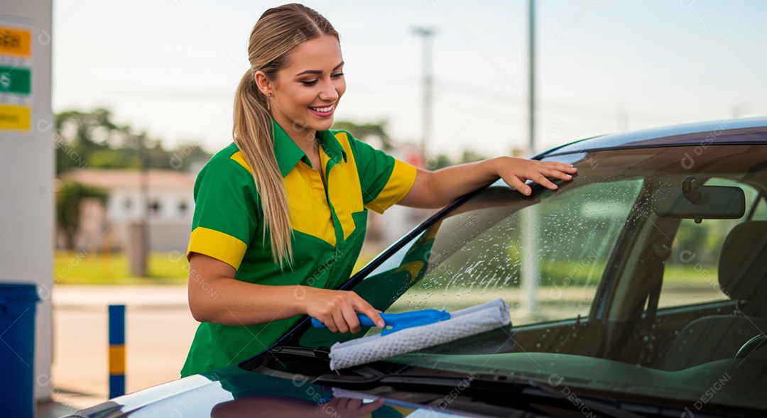 Uma linda jovem frentista lavando vidro de um carro
