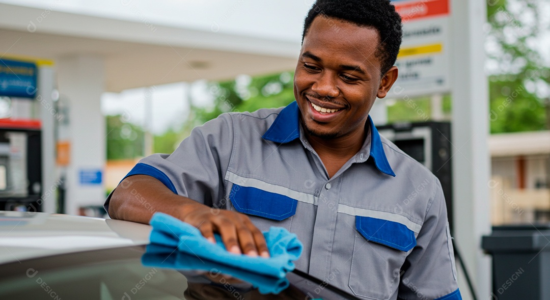 Frentista jovem em um posto de gasolina em um dia de sol