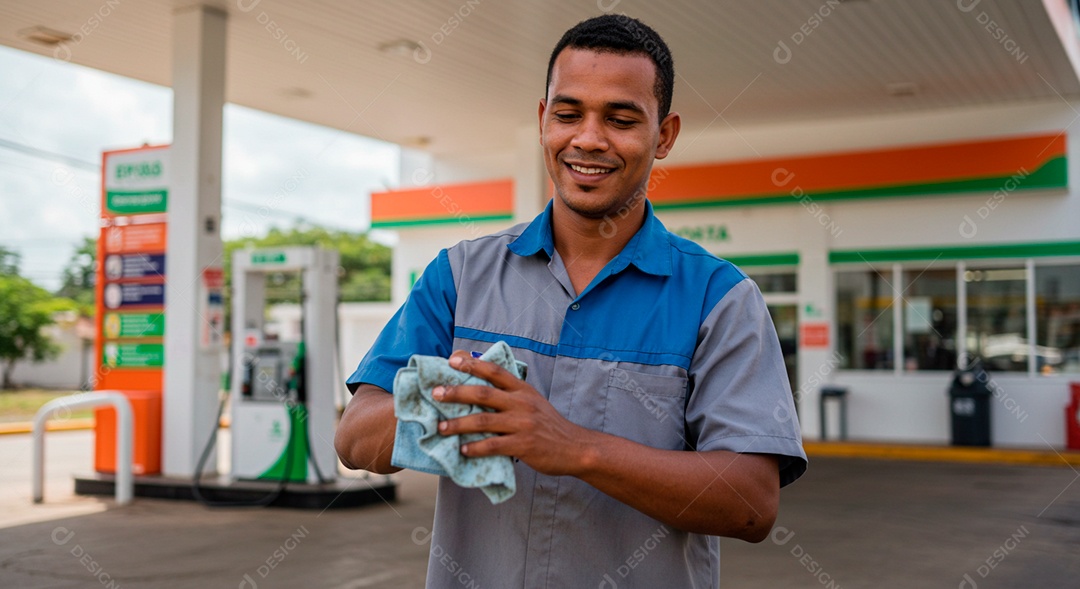 Homem frentista feliz em seu ambiente de trabalho posto de gasolina