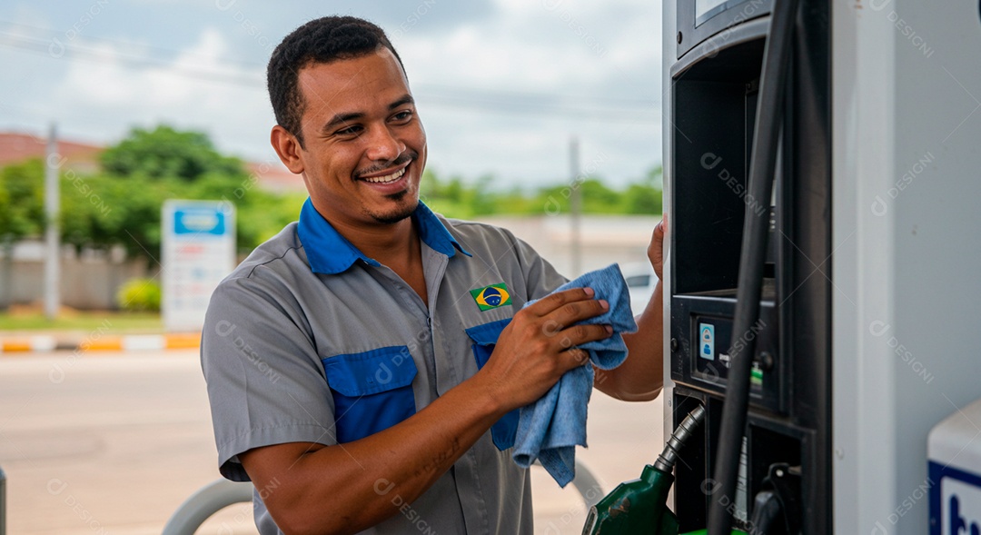 Homem frentista feliz trabalhando em um dia ensolarado