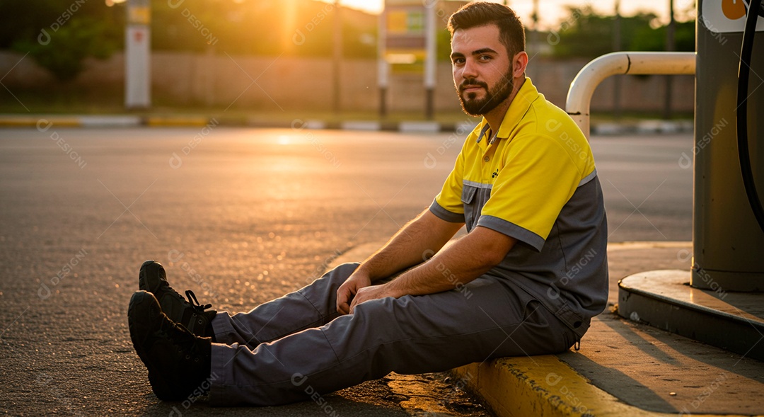 Homem frentista sentado ao lado de uma bomba de gasolina