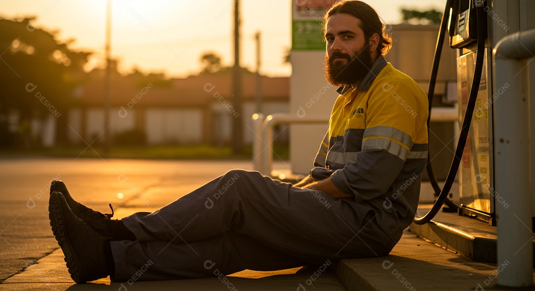 Homem frentista sentado ao lado de uma bomba de gasolina