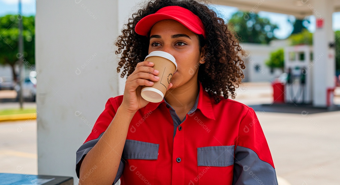 Uma mulher frentista tomando café em um posto de gasolina