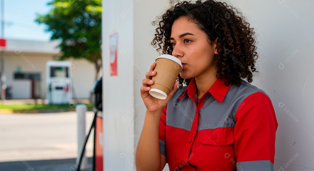 Uma mulher frentista tomando café em um posto de gasolina
