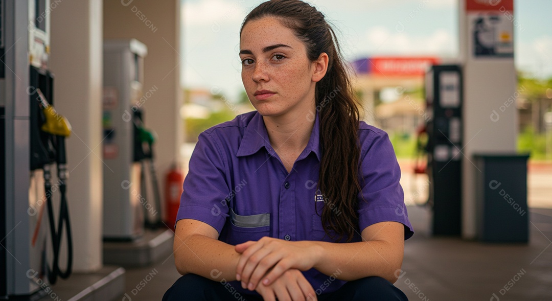 Jovem mulher frentista no seu trabalho posto de gasolina