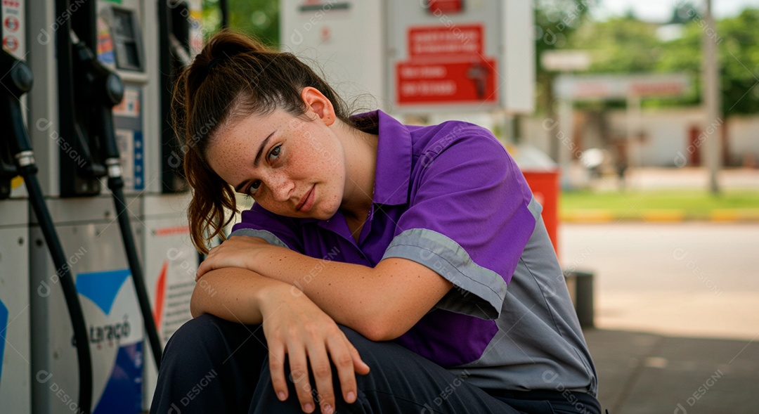 Uma jovem frentista sentada em seu ambiente de serviço