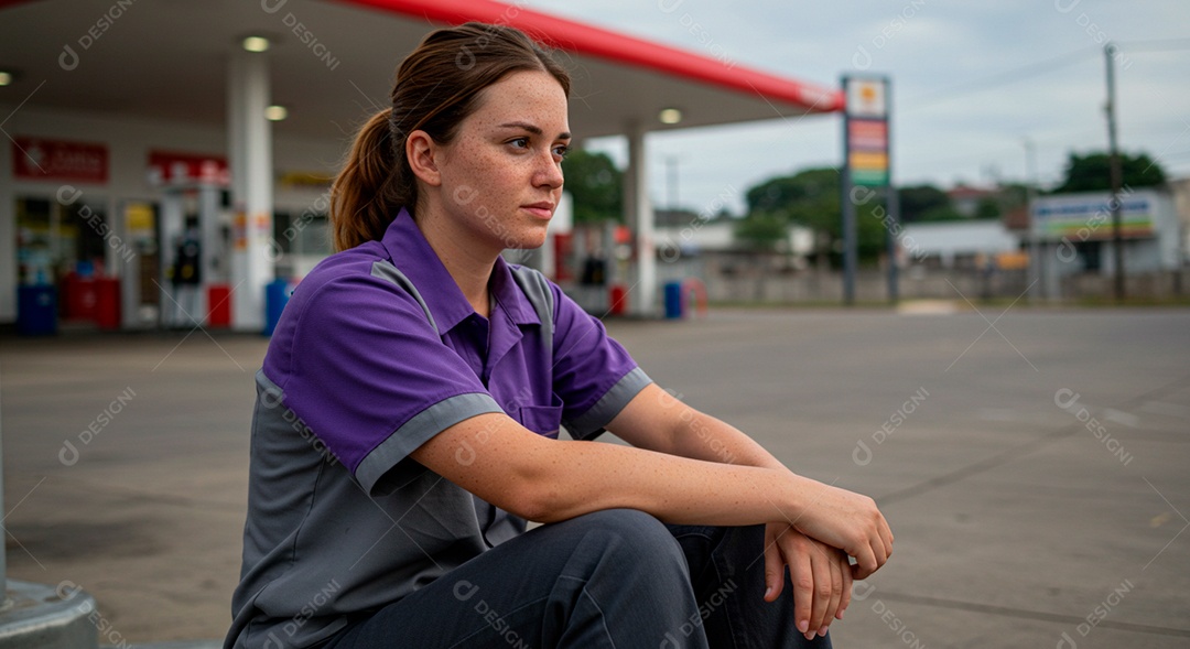 Mulher frentista no pátio do posto olhando para o lado
