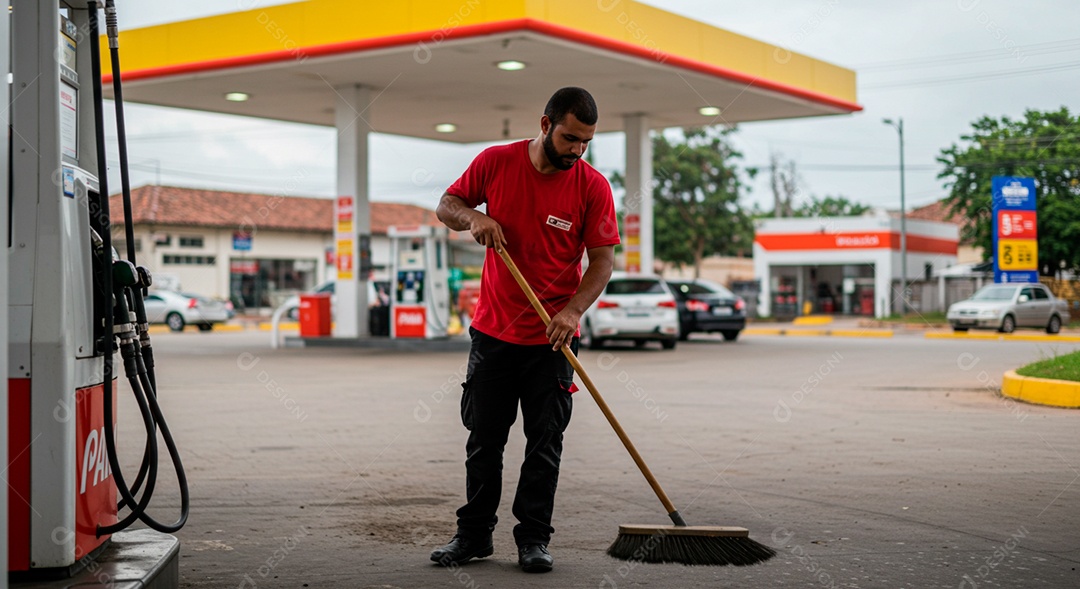 Homem frentista em um posto de gasolina trabalhando