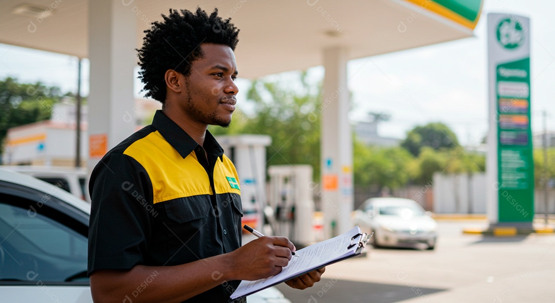 Homem negro frentista trabalhando em um dia de sol