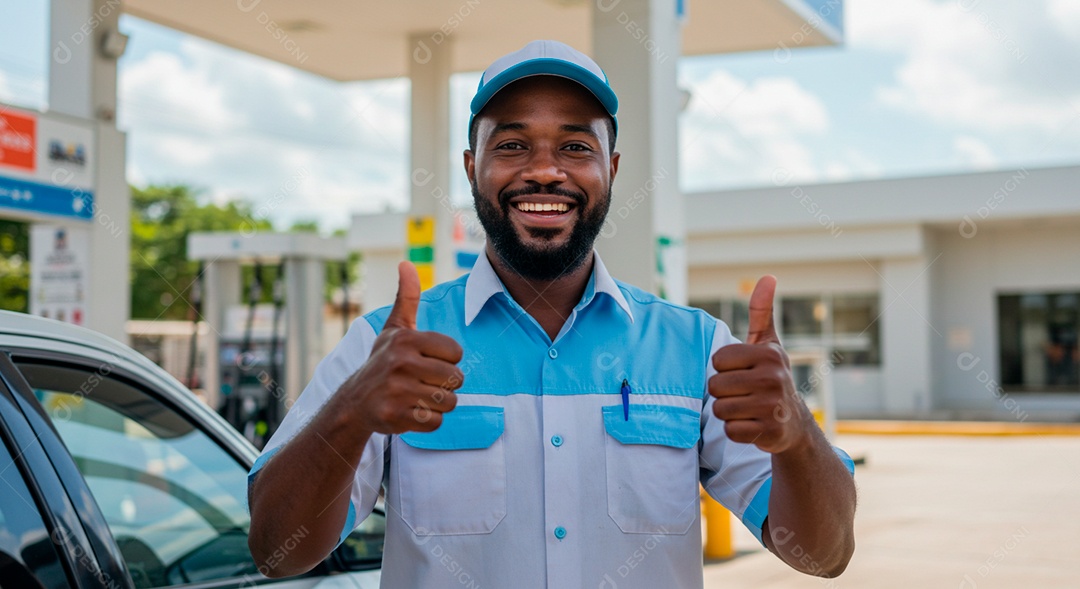 Homem frentista feliz em seu ambiente de trabalho posto de gasolina