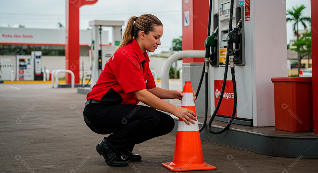 Frentista mulher ajeitando cone no pátio do posto